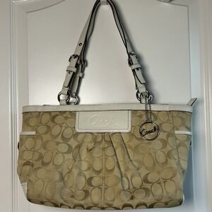 Coach Khaki Tan Cream Leather Silver Hardware Y2K Signature Pleated Gallery Tote
